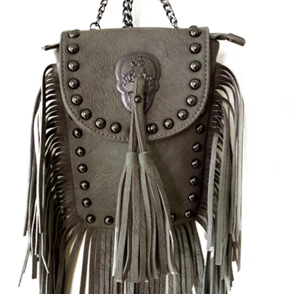 Fringe Studded Gray Crossbody Bag - Picture 2 of 3